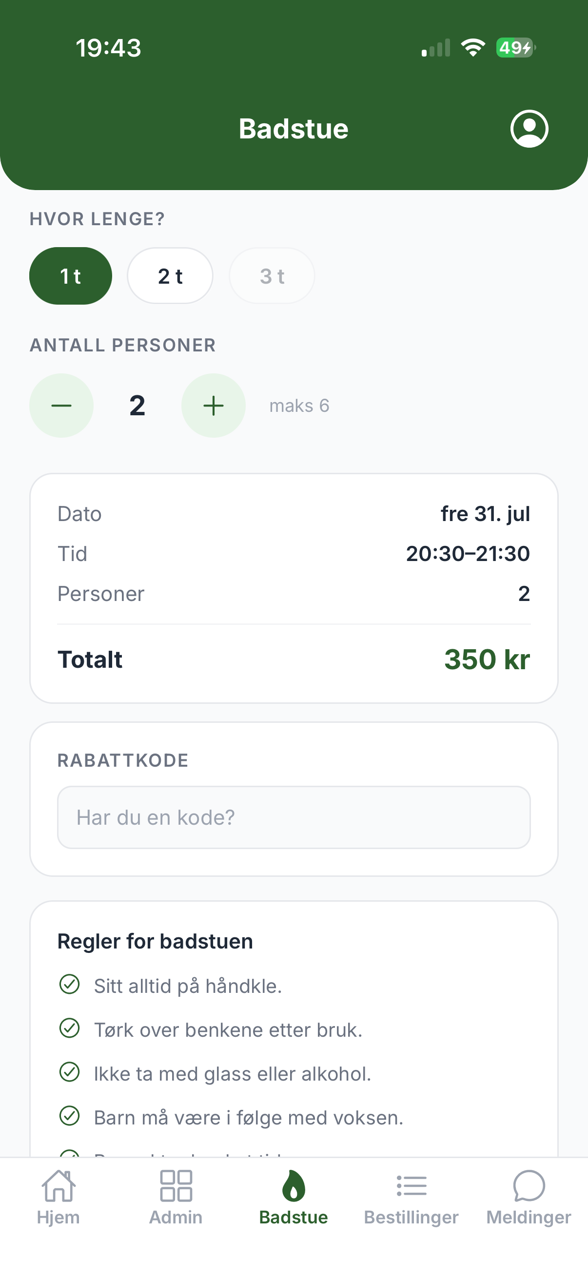 Oppsummering av badstu-booking